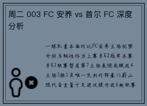 周二 003 FC 安养 vs 首尔 FC 深度分析